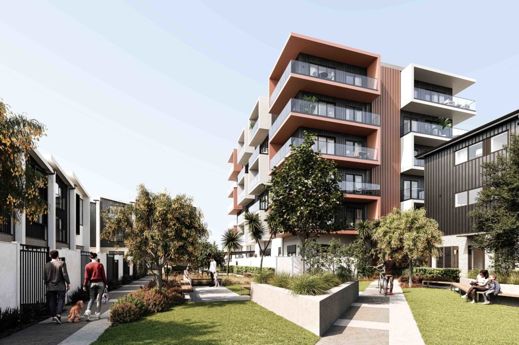 Manchester Square_Ext_Building 1_Final01 Architectural rendering of an apartment building with balconies overlooking landscaped paths, lawns and seating, with townhouses alongside.